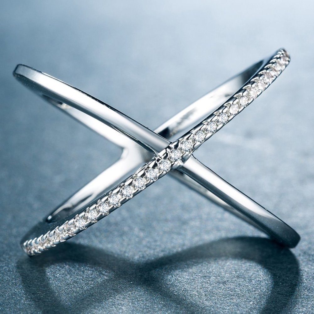 💎 Two Lines Cross X Shape 925 Silver Ring for Women, VIP144